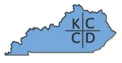 A blue logo of kentucky with the letters kcd in the shape of the state.