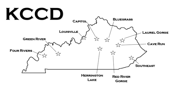 A map of the state of kentucky with stars.